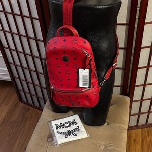MCM Red Backpack with Logo Pattern